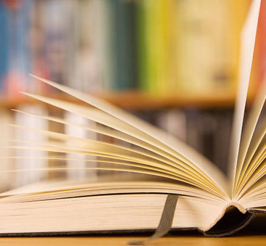 Sideview of an open book lying in front of bookshelf with books sorted in spectrum.